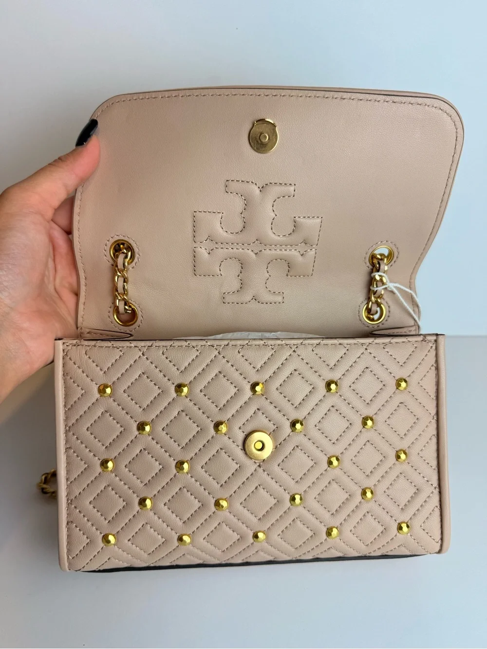 $528 Tory Burch Fleming Stud Small Shoulder Bag Goan Sand Beige Leather 46362